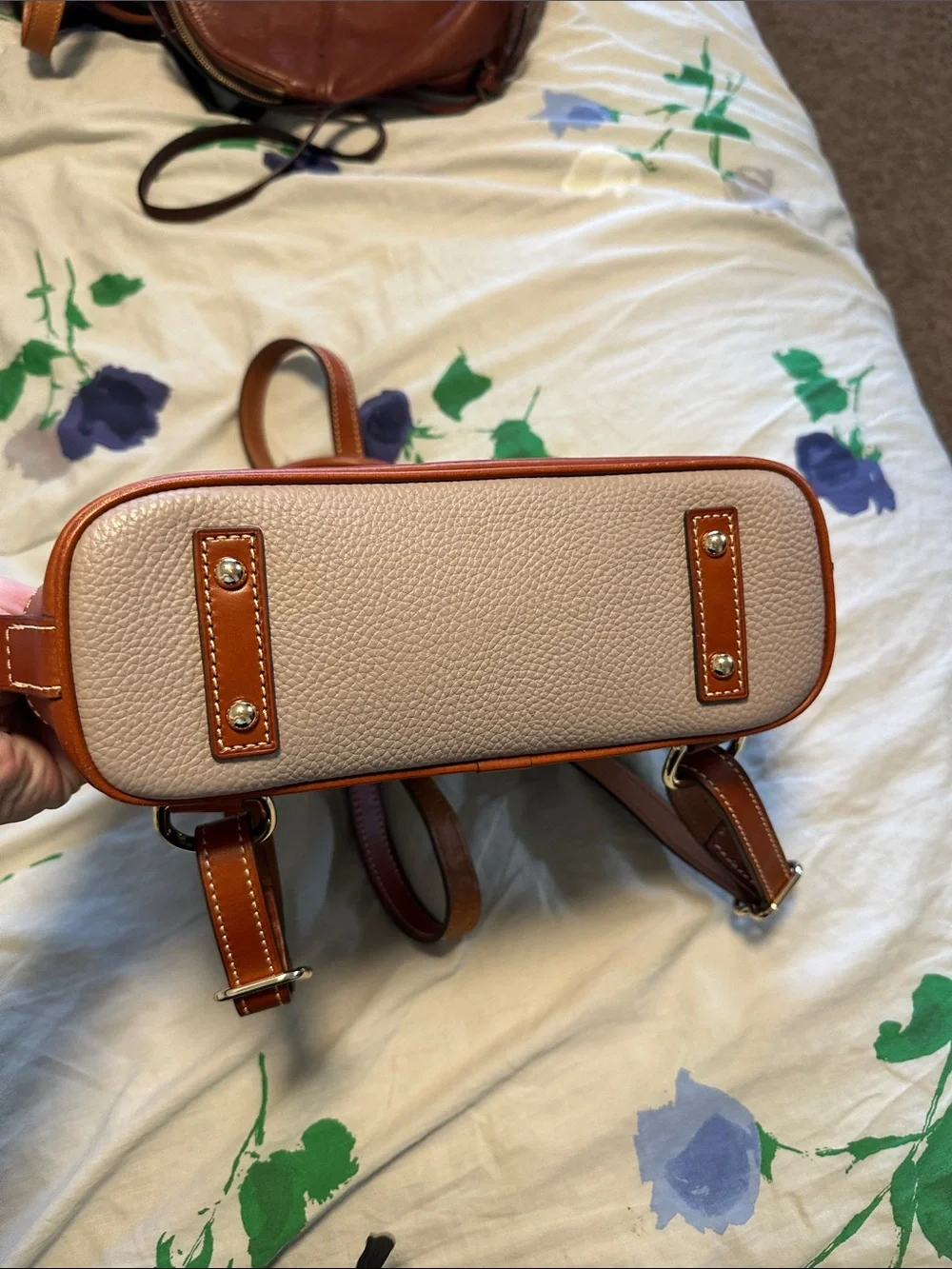 Dooney & Bourke Taupe Pebble Leather Backpack with Brown Trim